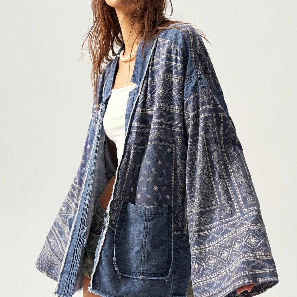 Blue Casual Women's Vacation Loose Drop Shoulder Jacket